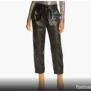 JOIE FAUX LEATHER FRONT TIE HIGH RISE TUMMY CONTROL STRAIGHT LEG BLACK PANTS,  L